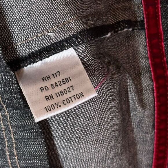 Boden Denim Shirt Dress in Black Wash Red Velvet Trim Half Button Front 8R - Picture 12 of 13